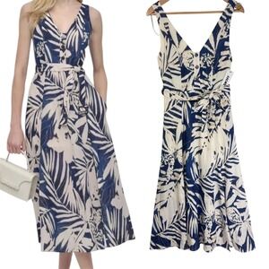 NEW DKNY Belted Women Cream Navy ‎ Tropical Leaf Floral Print Midi Summer Size 2